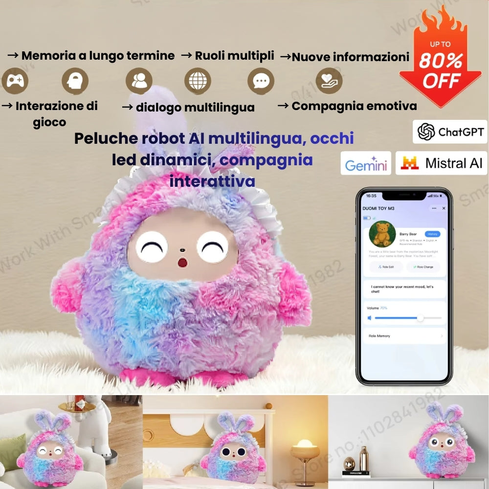 Peluche AI con voce intelligente e occhi LED, compagno interattivo per bambini™