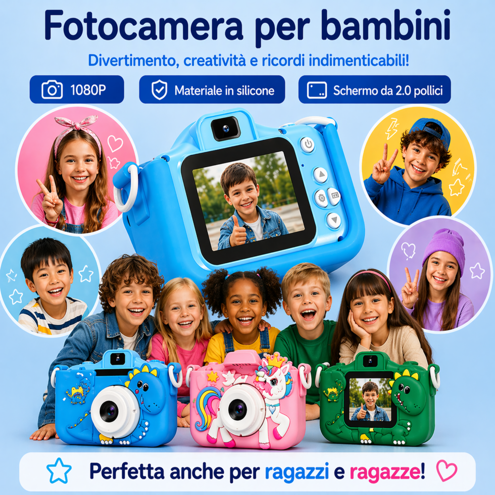 Fotocamere digitali unicorno🦄 e dinosauri 🦕per bambini/ragazzi e ragazze 1080P HD 8x Zoom