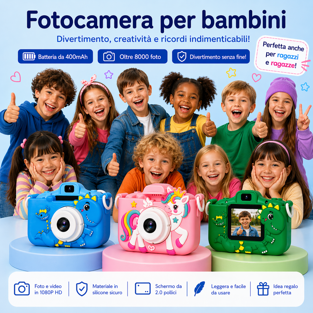 Fotocamere digitali unicorno🦄 e dinosauri 🦕per bambini/ragazzi e ragazze 1080P HD 8x Zoom